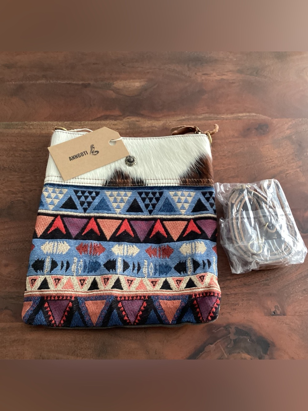 Handwoven Geometric Crossbody Hair on Hide Bag in Blue, Red, Pink — NWT